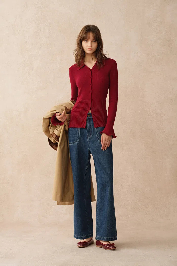 Katia Red Beige Wavy Cuff Fitted Collared Cardigan in Stretchy