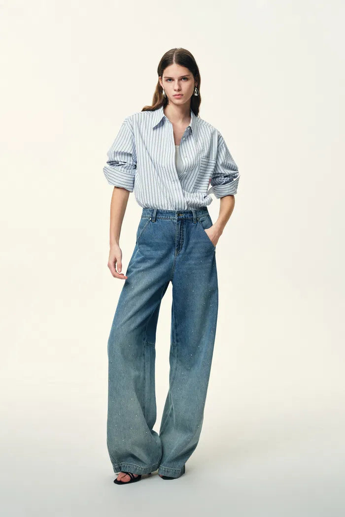 Lismore Contrast Embroidery Striped Shirt in Textured Crinkle Cotton