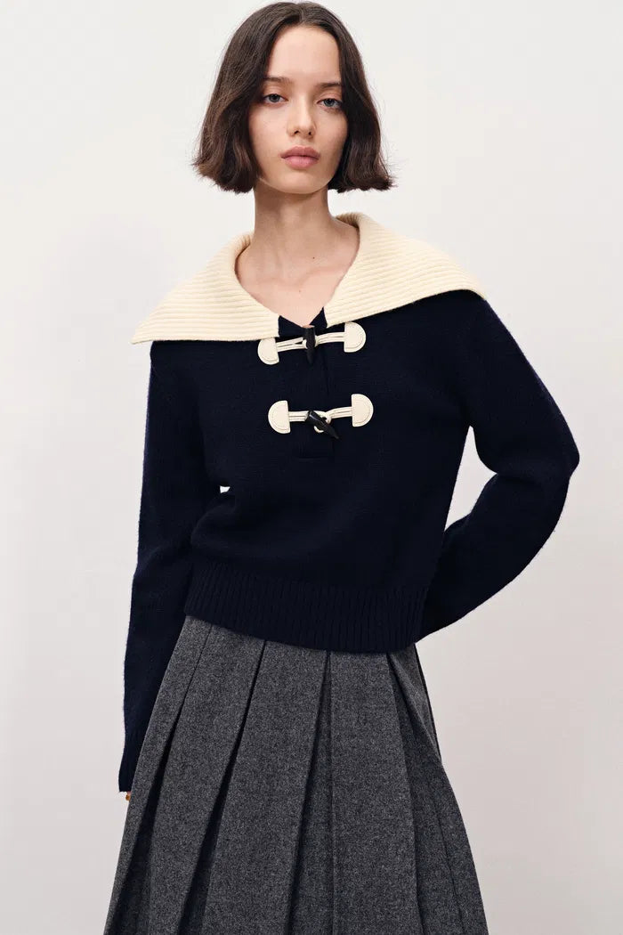 Lena Lapel Leather Duffle Sweater in Chunky Merino Wool