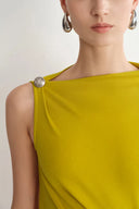 Kiki Mustard Green Asymmetric Knot Sleeveless Dress in Acetate Knit fbrq.com Kiki Mustard Green Asymmetric Knot Sleeveless Dress in Acetate Knit fbrq.com