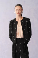 Aquila Hand Sewn Rhinestone Crop Suit Blazer and Pants Matching Sets in Fine Wool Suiting