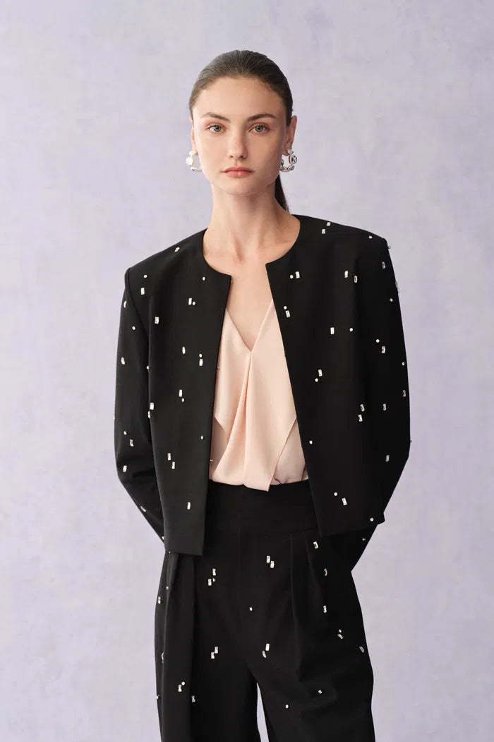 Aquila Hand Sewn Rhinestone Crop Suit Blazer in Fine Wool Suiting
