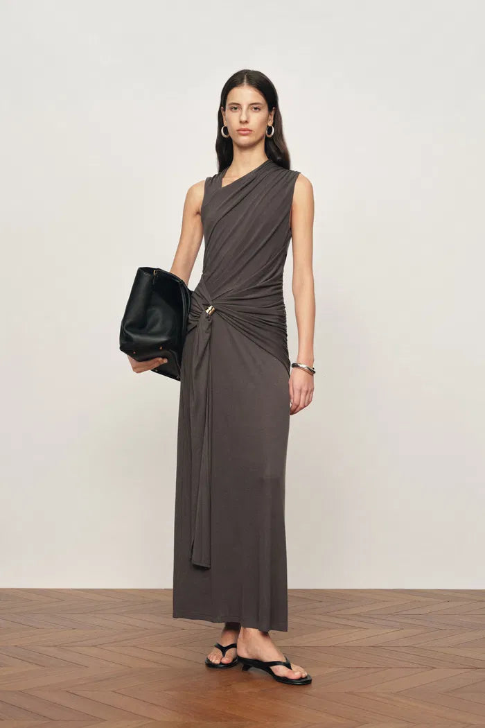 Delilah Gray Asymmetric Draped Sleeveless Dress in wool Blend Knit fbrq.com Delilah Gray Asymmetric Draped Sleeveless Dress in wool Blend Knit fbrq.com
