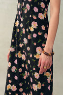 Vestido Anais con Tirantes de Lazo y Peonía Pintada a Mano en Crepé de China de Seda Elástica