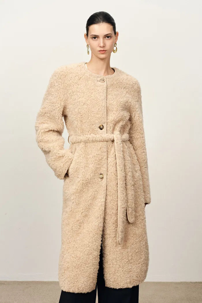 Elise Long Faux Sherpa Fleece Coat in Merino Wool Teddy