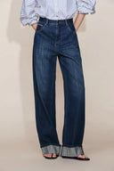 Brenda Folded Hem Wide Leg Jeans in Selvedge Denim