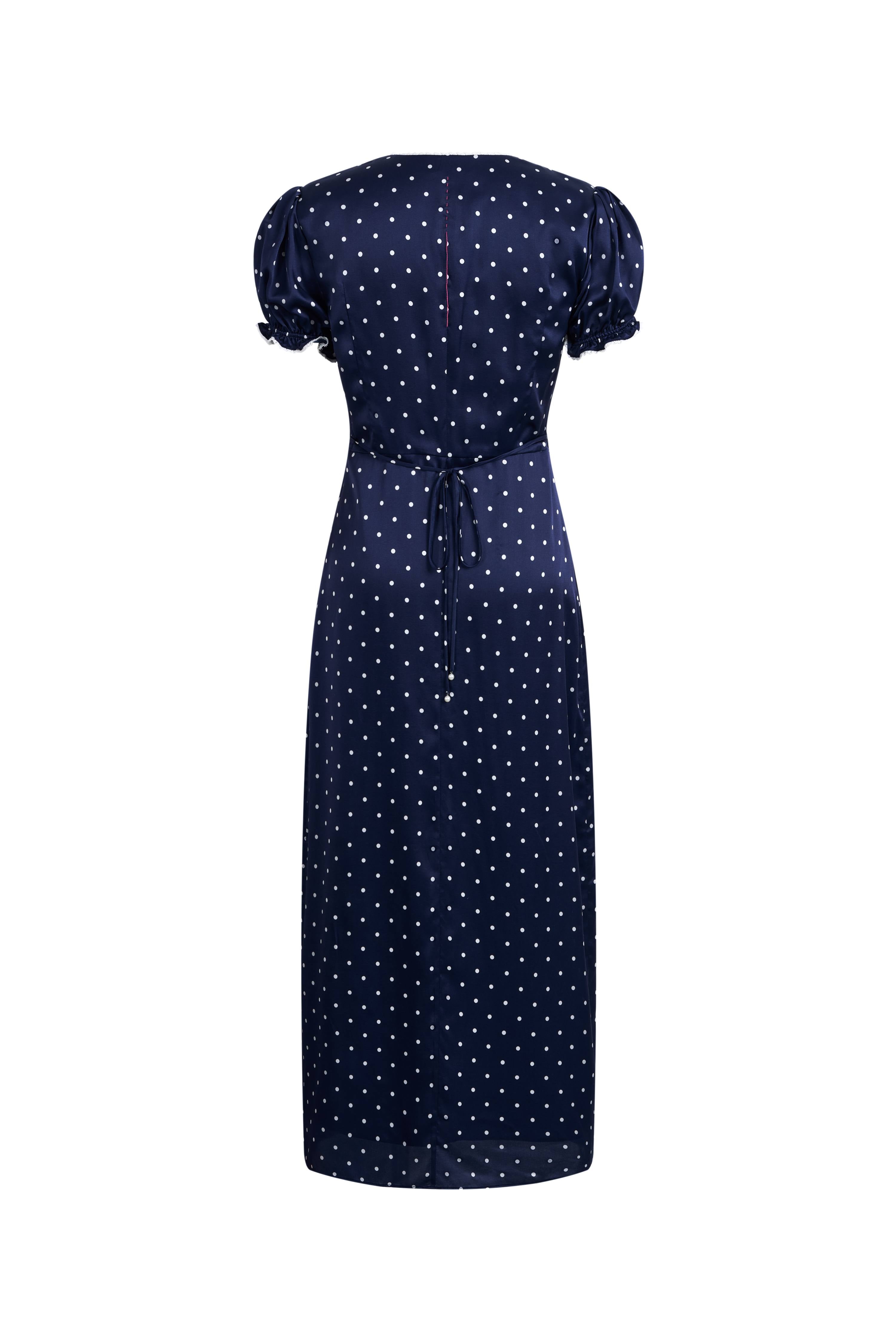Carole French Style Polka Dot Squre Neck Puff Sleeve Dress in Silk Satin Blend L