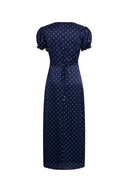 Carole französischer Stil Kleid mit Polka-Dots, quadratischem Ausschnitt und Puffärmeln aus Seiden-Satin-Mischung