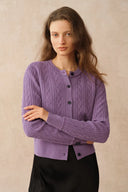 Jinji Purple Lace Trim Light Short Cardigan in Wool Cable Knit