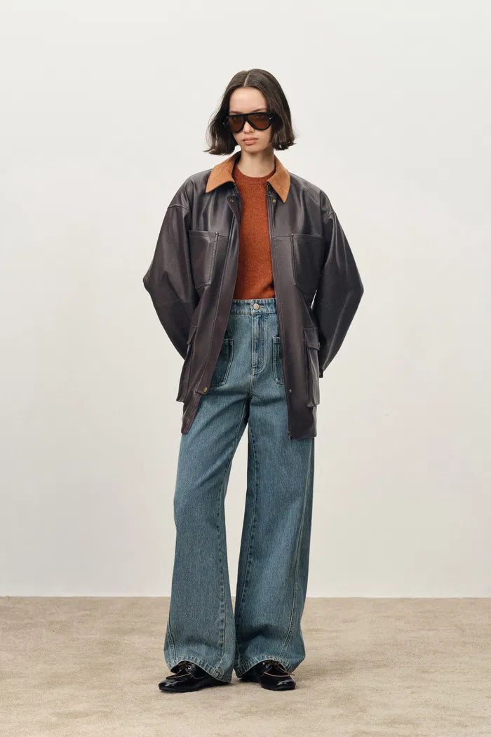 Laurel Contrast Corduroy Collar Leather Jacket in Faux Leather