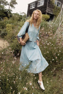 Marmont Pin Tuck Embroidery Blouse and Skirt Matching Set in Tencel Denim