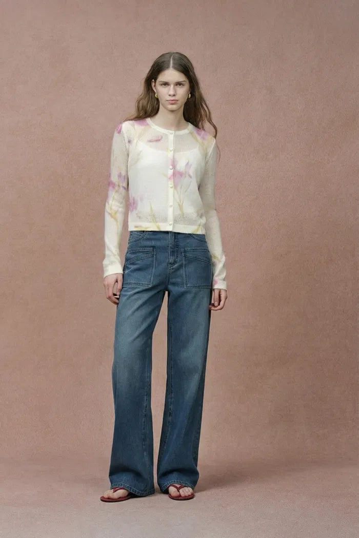 Irida Iris and Lily Print Knit Cardigan in Merino-Mohair Blend