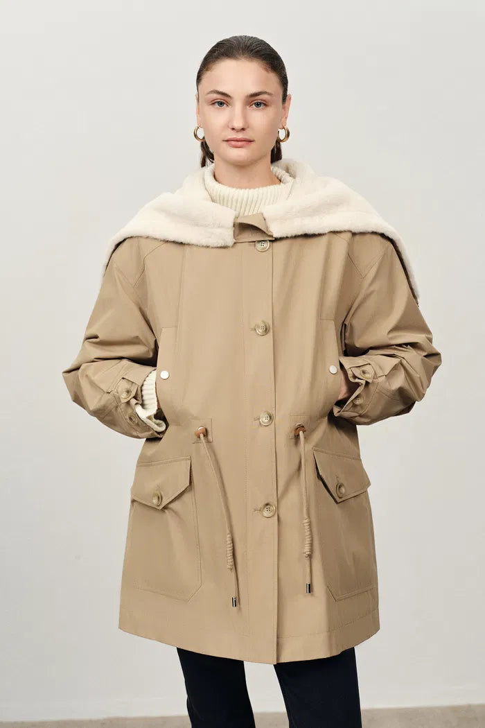 Doris Detachable Quilted Lining Fur Collar Parka in Lightweight Blend