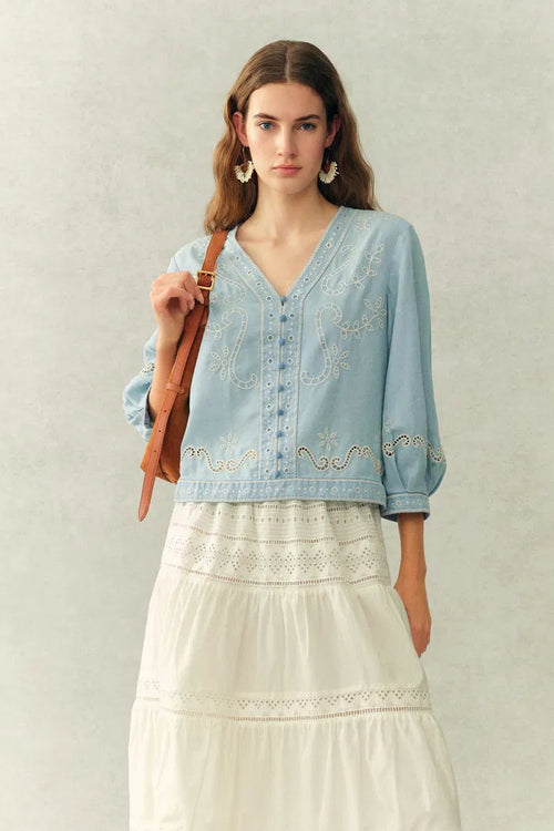 Marmont Pin Tuck Embroidery Blouse in Tencel Denim