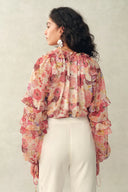 Marie Hand-Painted Print V-Neck Ruffle Top in Sheer Chiffon
