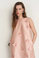 Luminere Beaded Floral Applique Sleeveless Short Dress in Silk-Wool Satin