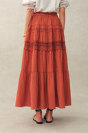 Kalia Lace Embroidery Pleated Cap Sleeve Top and Maxi Slit Skirt Set in Cotton Jacquard