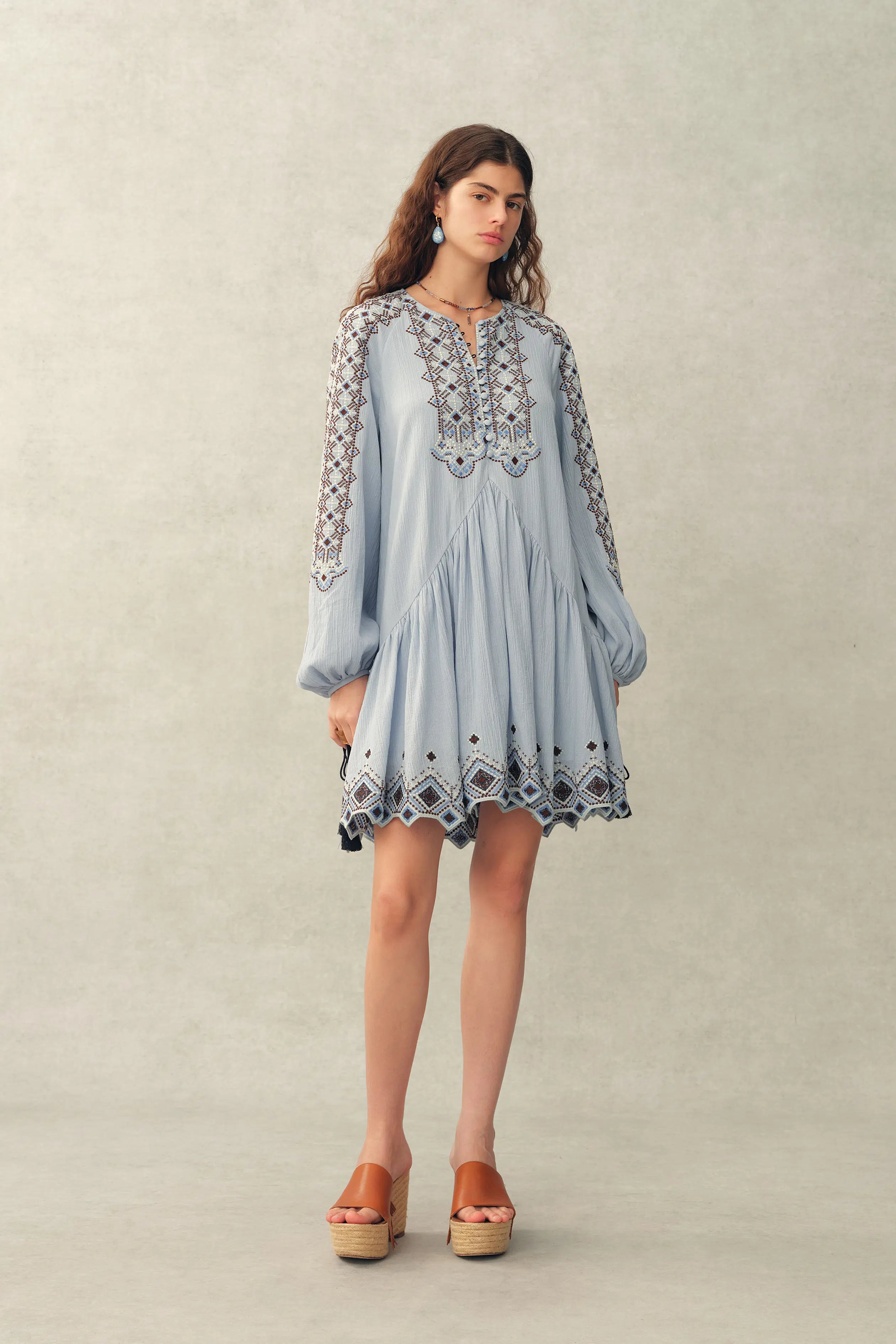 Bohdi Boho Embroidery Crewneck Puff Sleeve Dress in Cotton Crinkle Gauze S