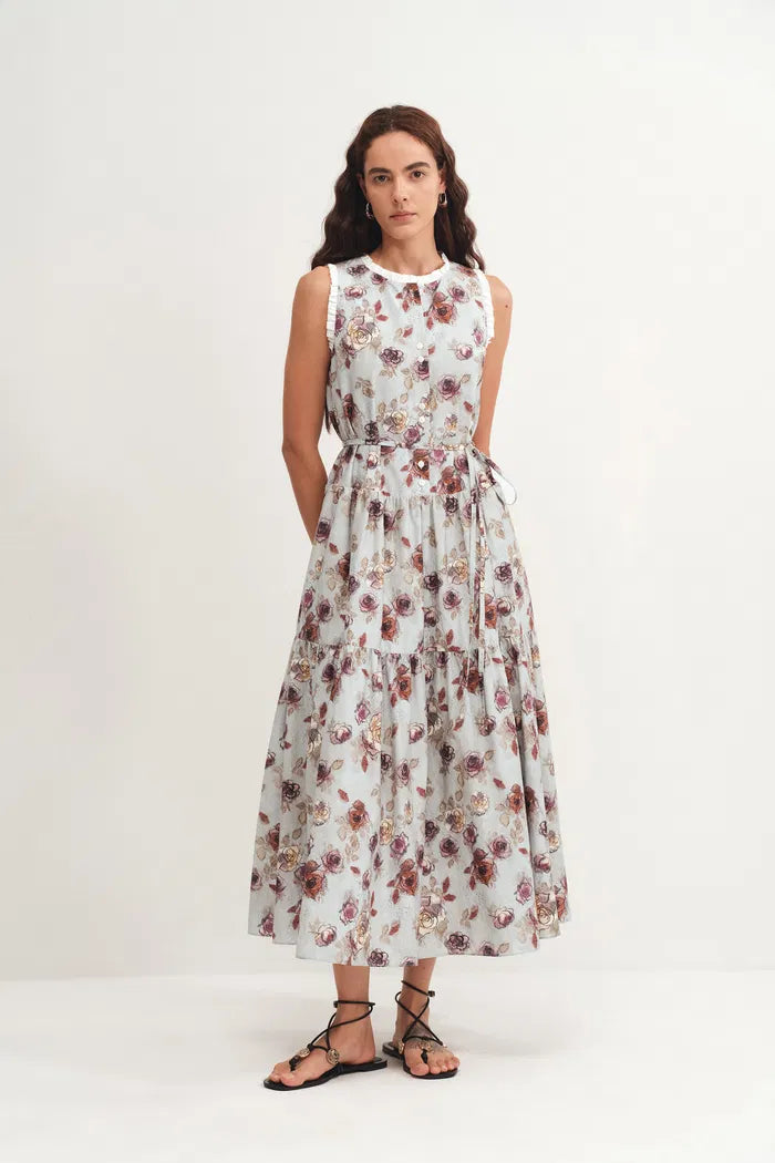 Sabrina Ruffle Hand Painted Flora Print Dress in Silk Cotton