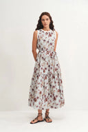 Sabrina Ruffle Hand Painted Flora Print Dress in Silk Cotton