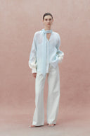 Paz Blue Embroidered Top in Silk-Linen Blend