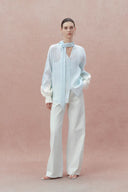 Paz Blue Embroidered Top in Silk-Linen Blend