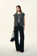 Gilet en denim gris lavé sans col Drew en denim coton