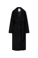 Manteau long maxi noir à grand col Rond en mélange mérinos cachemire