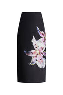 Miltonia Hand Painted Straight Skirt in Silk-Wool Satin