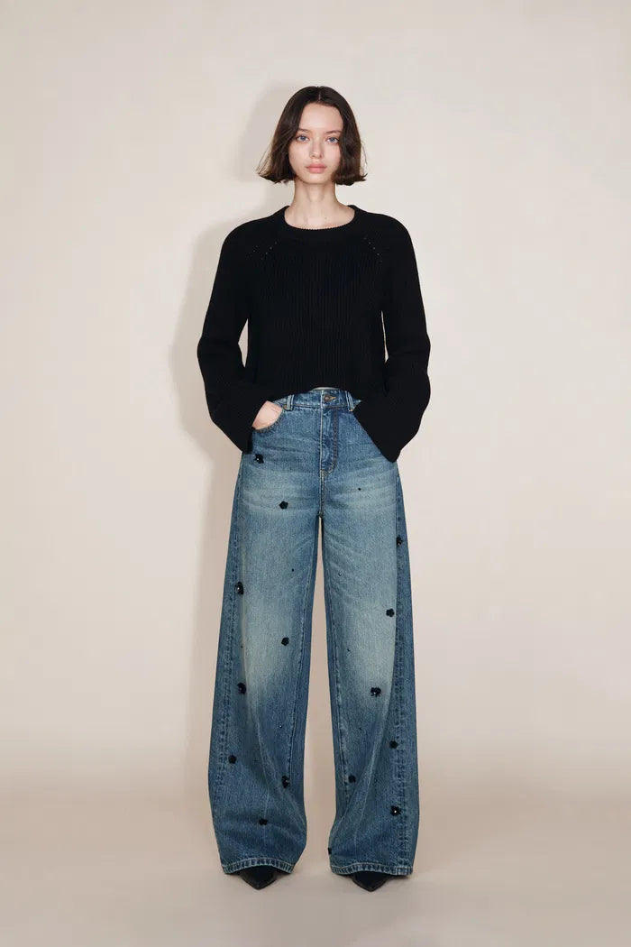 Imogen Hand Beaded Denim Trousers in Cotton Denim