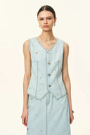 Conjunto de chaleco y falda de mezclilla con cuentas hechas a mano en denim de algodón