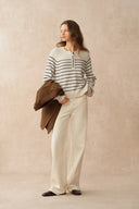 Rhea Scalloped Henley Striped Sweater in Wool-Alpaca Knit
