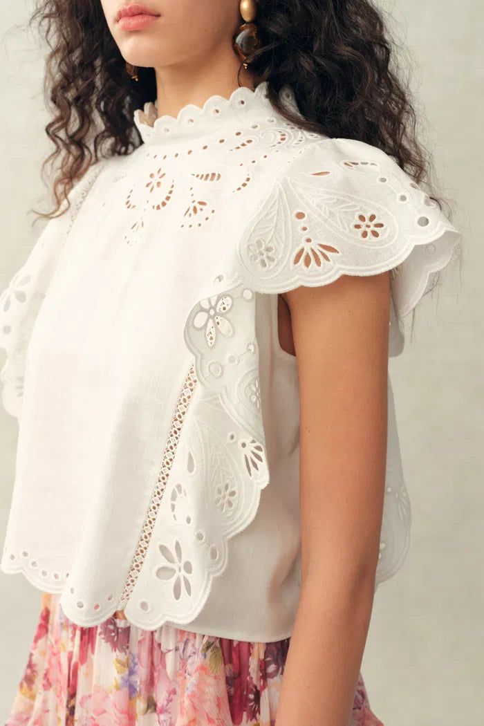 Lilou French Cutwork Embroidery Ruffle-Sleeve Top in Cotton & Linen - L Lilou French Cutwork Embroidery Ruffle-Sleeve Top in Cotton & Linen - L