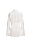 White belted safari blouse in linen blend with roll tab sleeves, shown from back view, Fabrique collection.
