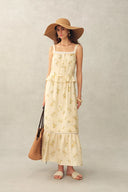 Sylvia Floral Lace Trim Layered Sleeveless Cami Dress in Linen Blend