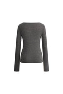 Eden Graues Schleifen-Cutwork Woll-Langarmshirt in Merinowollstrick