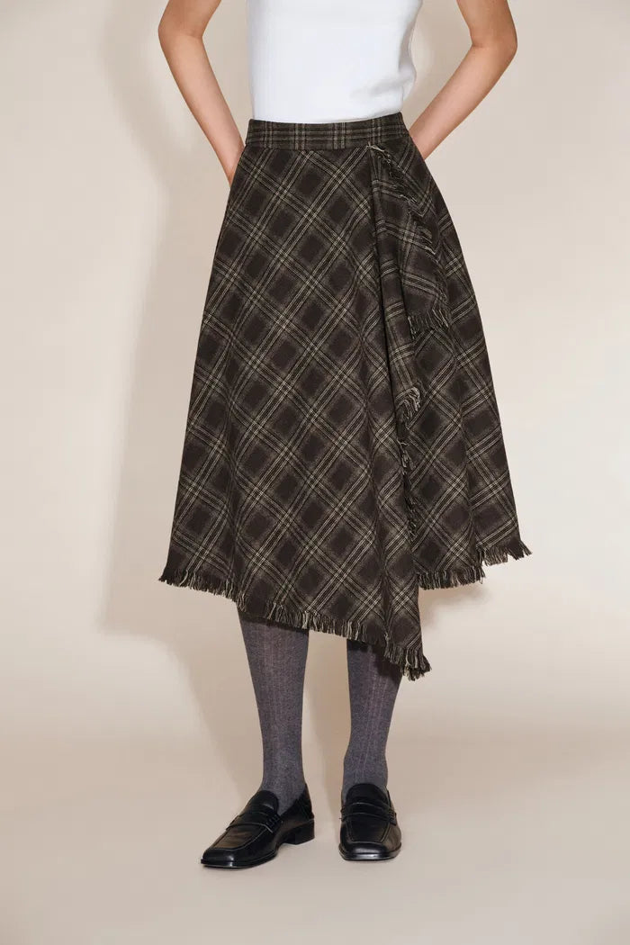 Annie Asymmetric Panel Fringe Plaid Skirt in Merino wool check