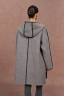 Vivien Horn Button Hooded Coat in Herringbone Wool Camel Down