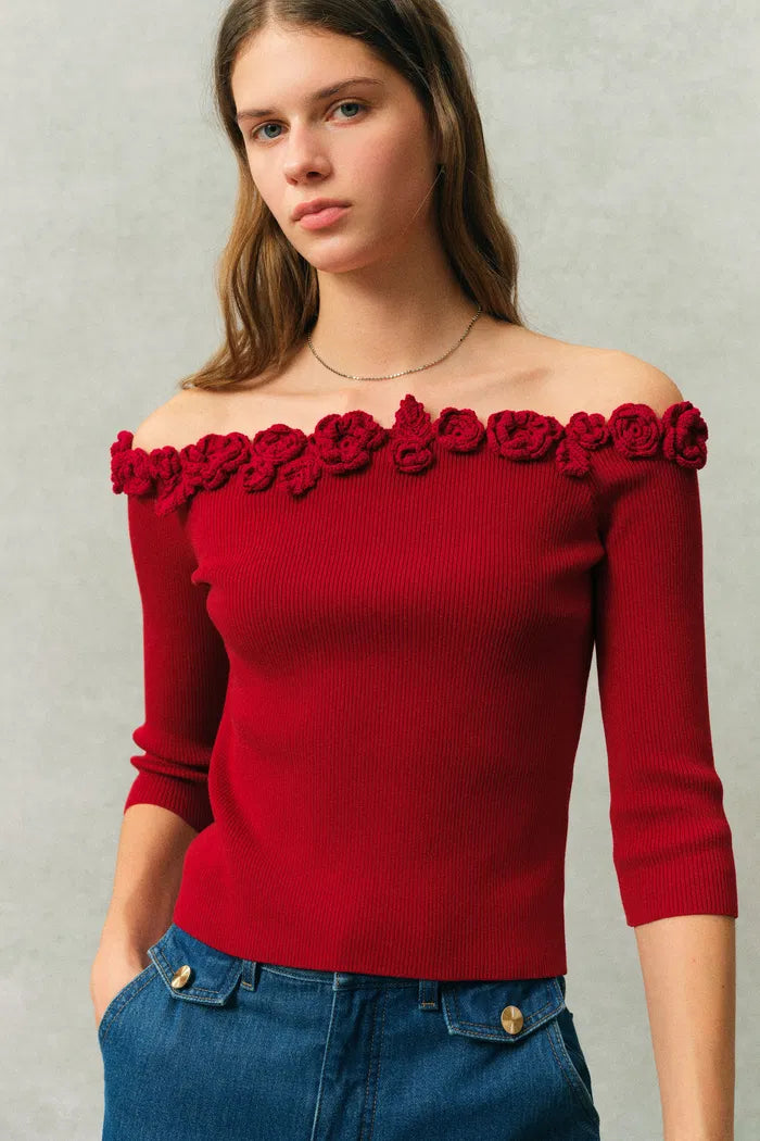 Giulietta 3D Floral One Shoulder Short Sleeve Knit Top in Triacetate