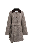 Lucile Contrast Lapel Herringbone Midi Coat in Wool Blend