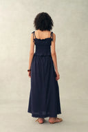 Siena Smocked Tie Front Bandeau Top and Maxi Skirt Set in Linen Blend-Dark Blue
