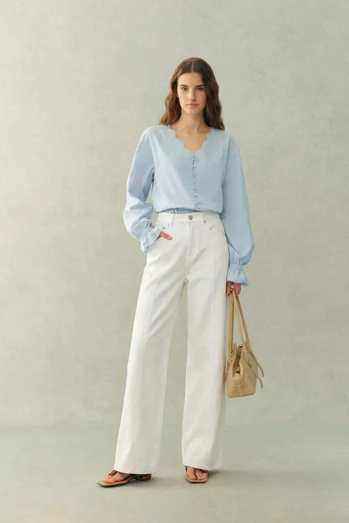 Polly Front Seams White Barrel Leg Jeans in Cotton Denim