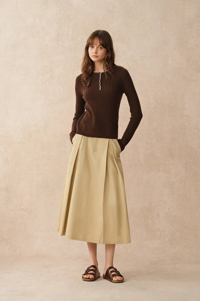 Mika Brown Henley Neck Long Sleeve Top in Merino Wool Cable Knit