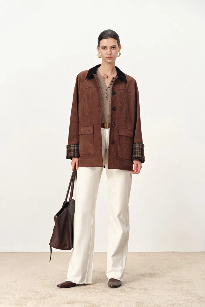 Robin Corduroy Collar Jacket in Faux Suede