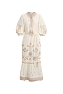 Vestido Midi Viola con Mangas Abullonadas y Bordado en Jacquard de Algodón