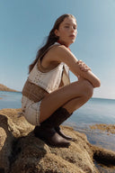 Charlie Boho Mother of Pearl Studded Side Tassel Tie Vest Top in Cotton Denim