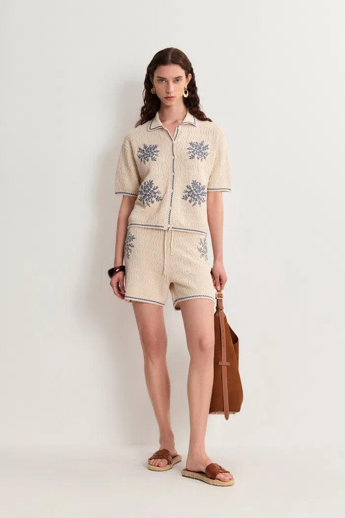 Gracia Embroidered Blue Flora Collared Top and Shorts Matching Set in Linen Blend Knit