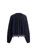 Blair Boho Geborduurde Transparante Kanten Blouse met Pofmouwen in Gekreukte Georgette