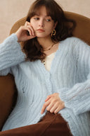 Aki Scalloped Neckline Sheer Cardigan in Lightweight Cable Mohair Knit