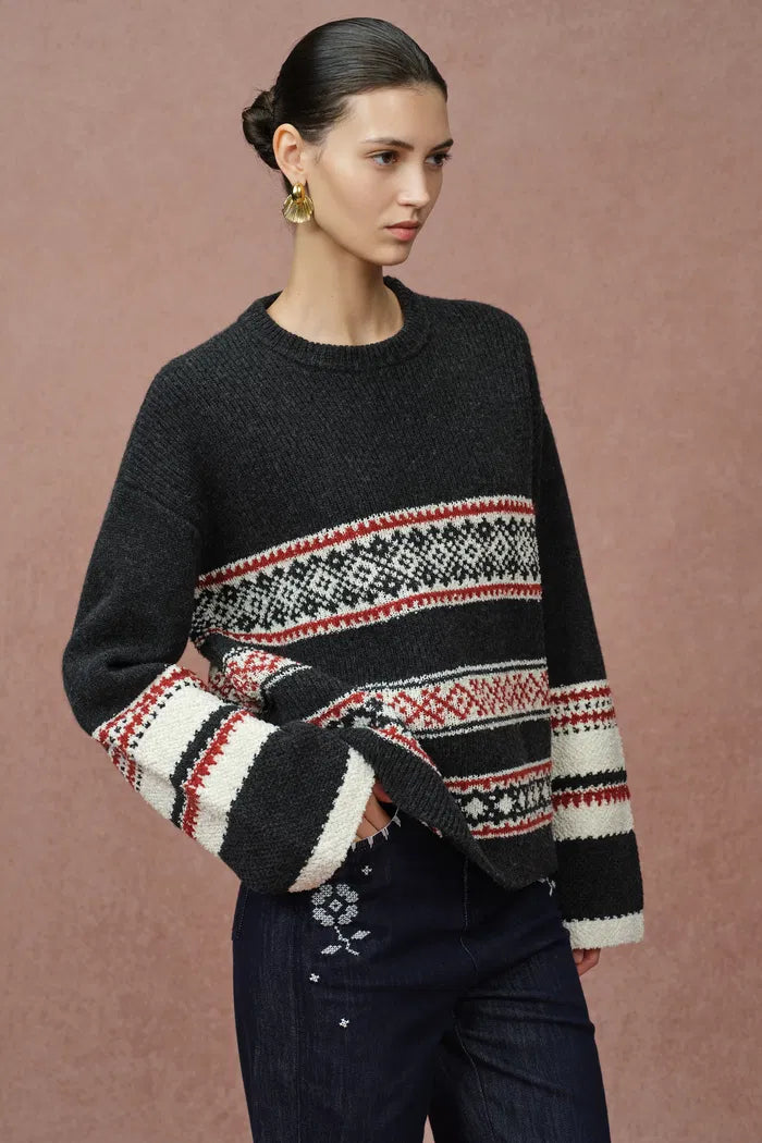 Corvara Nordic Fair Isle Roomy Sleeve Sweater in Merino Wool